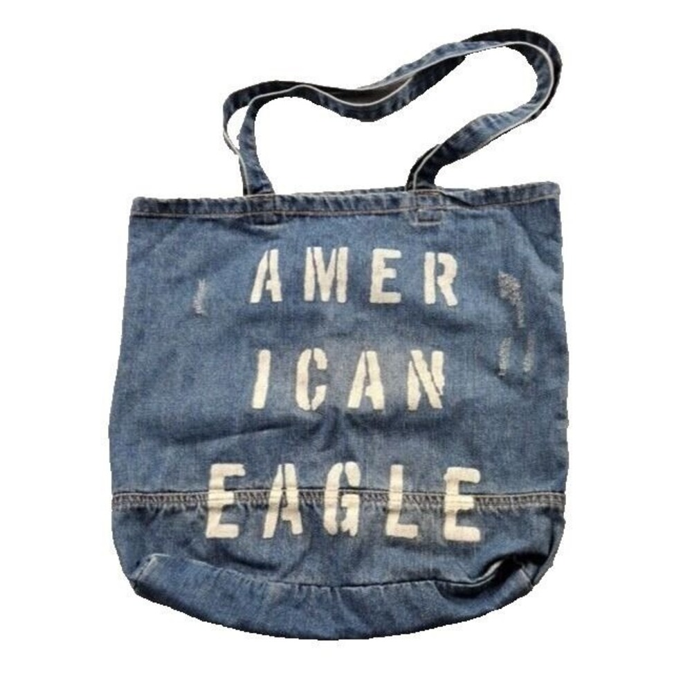 American Eagle Denim Tote Bag 15x17" Blue Graphic Logo Dual Handles Distressed